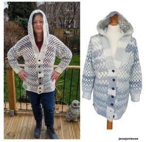 A woman is wearing a crochet cardigan with the hood up and the same cardigan is styled on a mannequin with the hood up