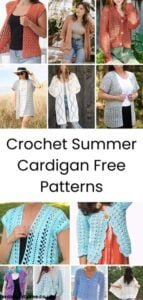 montage of 12 photos showing women wearing different designs and colours of summer crochet cardigans