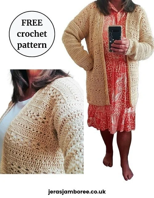 Woman wearing a cream crochet summer cardigan over a coral floral dress, with close-up of the textured stitch detail and a circle label that reads “Free crochet pattern.”