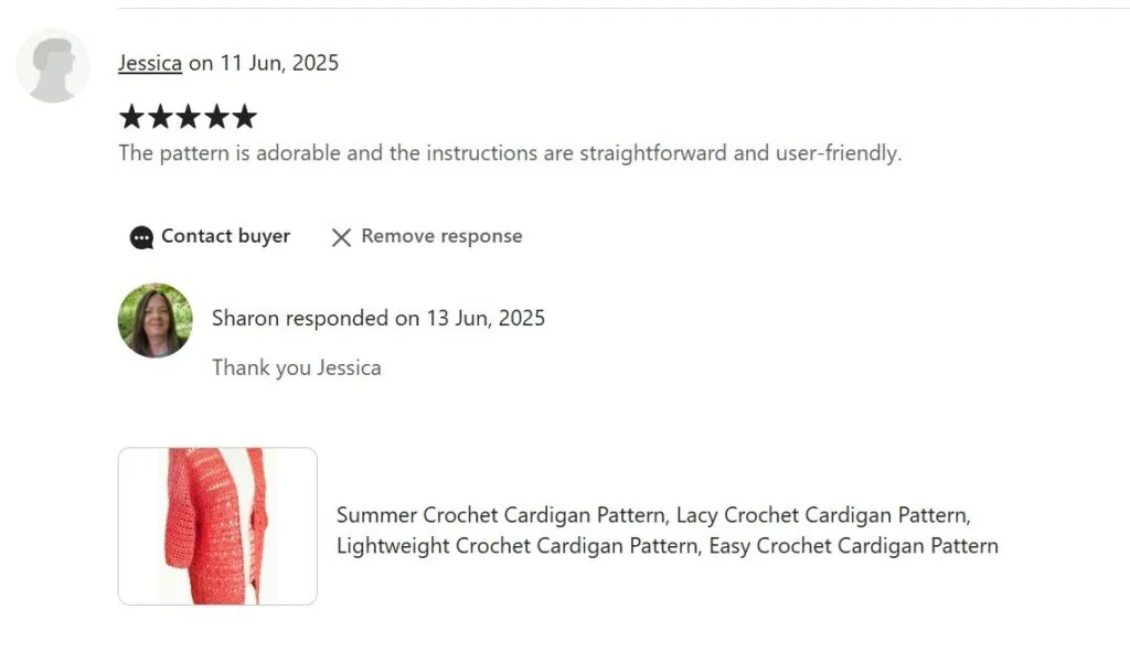 Five-star customer review from Etsy 11 Jun 2025 "The pattern is adorable and the instructions are straightforward and user-friendly."