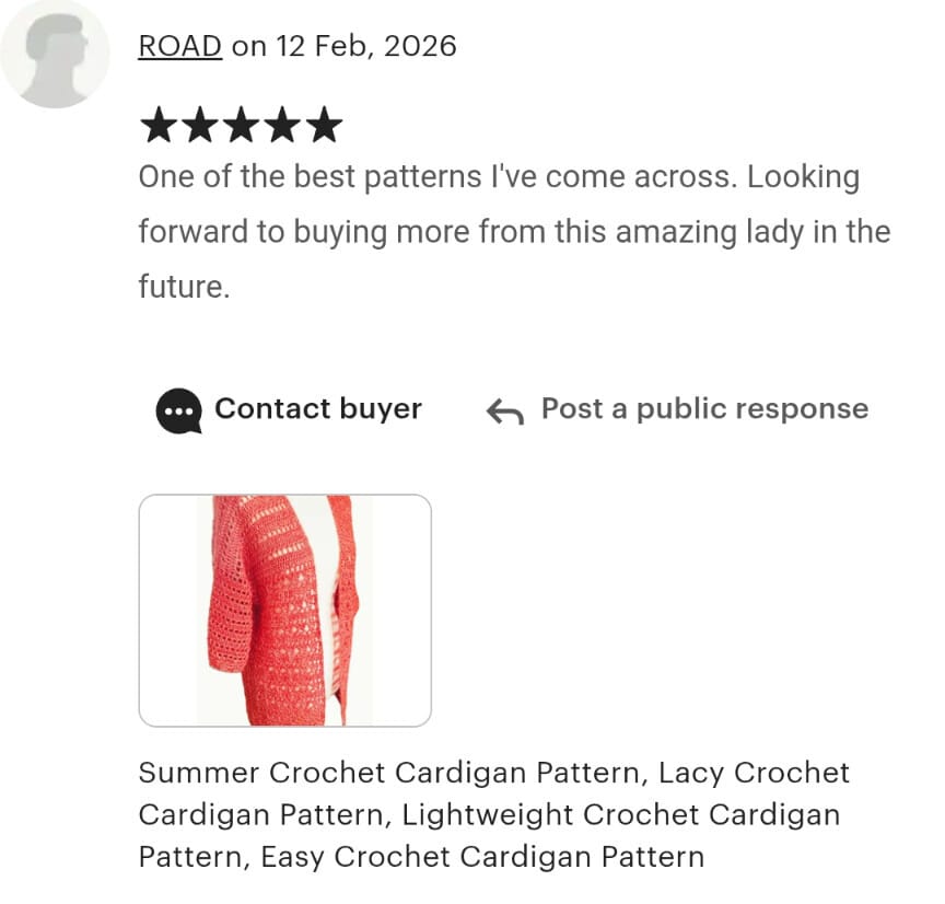 5 Star Etsy review dated 12 Feb 2026: "One of the best patterns I've come across.  Looking forward to buying more from this amazing lady in the future"