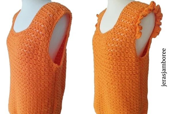 An orange crochet tank top with and without ruffles is styled on a mannequin