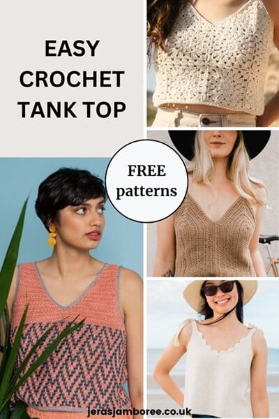 Montage of four photos showing women wearing crochet tank tops