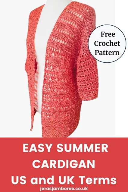 A lacy cardigan is styled on a mannequin.  Text reads 'Easy Summer Cardigan US and UK Terms, Free Crochet Pattern'