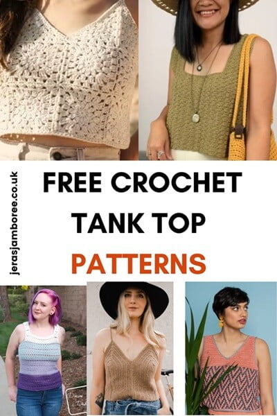 5 women are wearing different tank tops crocheted from a free pattern in this roundup