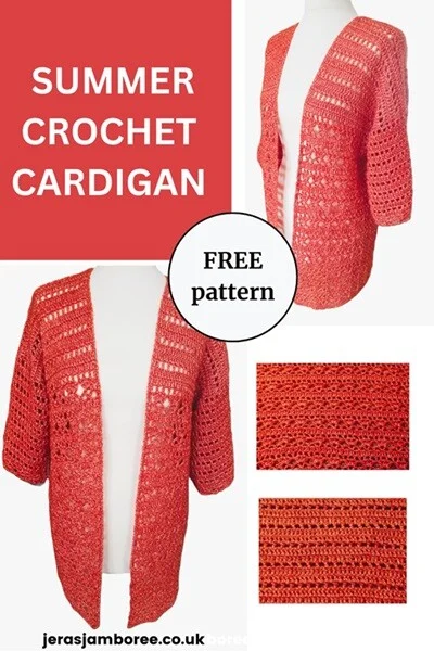 2 images show a cardigan styled on a mannequin, 2 images show a close up of the lacy crochet stitches used in the pattern.  Text reads 'summer crochet cardigan, free pattern'