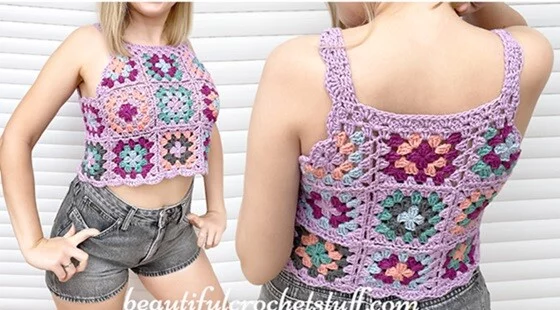 A front and back view of a woman wearing a tank top crocheted in classic granny squares