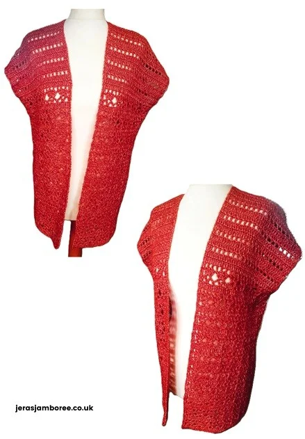 A sleeveless cardigan is styled on a mannequin