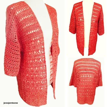 Montage of 3 photos showing a crochet summer cardigan styled on a mannequin 1) side view 2) front view 3) back view