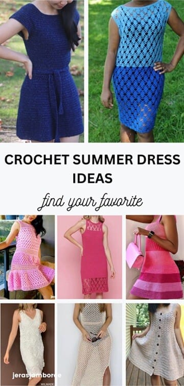 Collage of crochet summer dresses in different styles and colours, including sleeveless sundresses and lacy beach-style designs, with text overlay reading “Crochet Summer Dress Ideas – find your favorite.”
