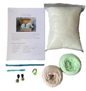 Everything included in a crochet turtle kit: pattern, stuffing, yarn, crochet hook, safety eyes, stitch marker