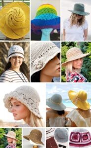 montage of 16 crochet sun hats styled on women and mannequins