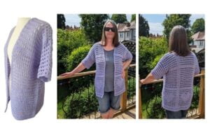 A short sleeve cardigan is crocheted in filet and mesh in lilac being worn by a woman showing the front and back view and styled on a mannequin showing the side view