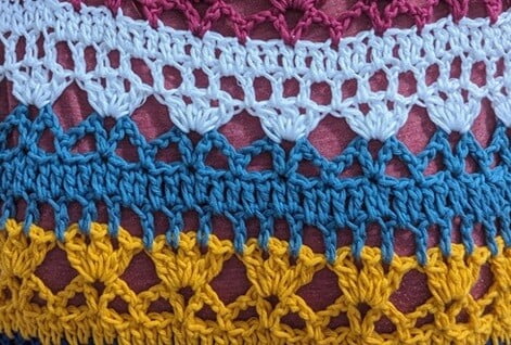 close up of lacy stitches used in a crochet poncho pattern