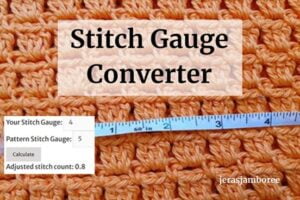 A piece of crocheted fabric is laid flat with a tape measure laying over it showing inches and a box showing stitches per inch and adjustment stitches
