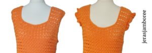 Crochet summer top styled on a mannequin showing a close up without ruffles and with ruffles around the armhole
