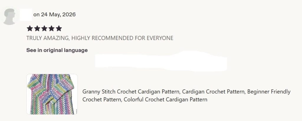 5 star Etsy review dated 24 May 2026. Text reads: TRULY AMAZING, HIGHLY RECOMMENDED FOR EVERYONE