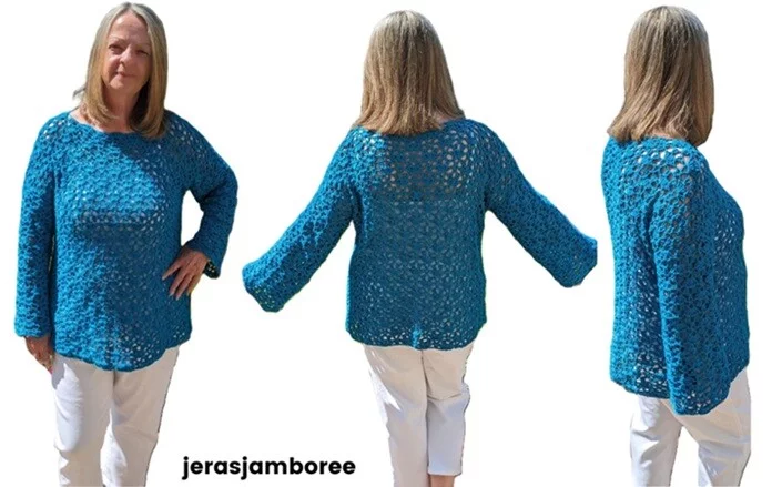 An easy crochet sweater styled on a woman wearing white jeans showing the front, back and side view