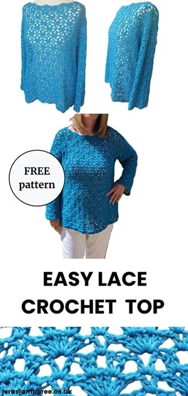 4 images, 2 showing a crocheted lacy sweater styled on a mannequin showing the front and side, 1 image showing a woman wearing the same sweater and a close up of the lacy stitches