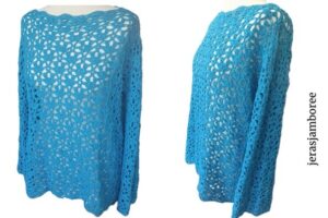 A turquoise lacy crochet sweater top is styled on a mannequin showing the front view and side view
