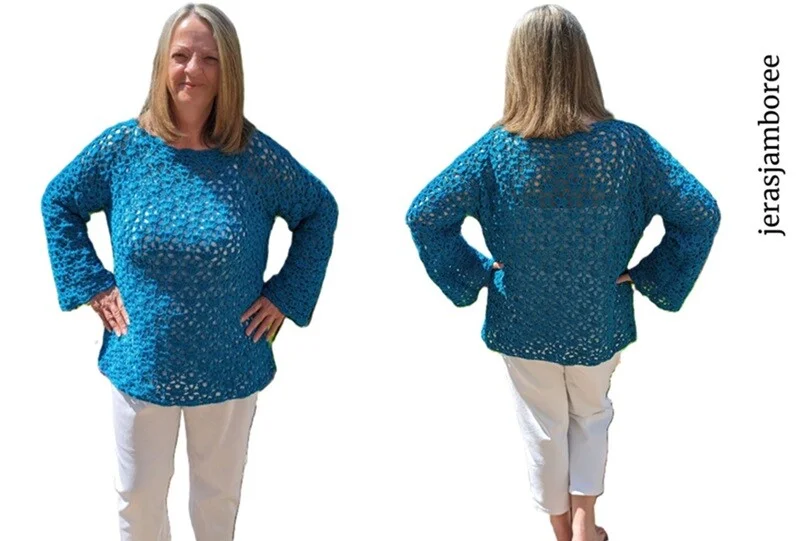 A woman is wearing a turquoise sweater and standing with her hands on her hips showing the front view and back view