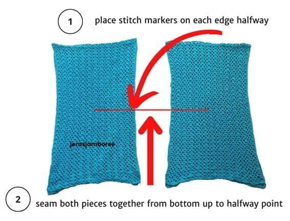 diagram showing marking the crocheted rectangle half way up with a line and a red arrow showing from the bottom to half way up for sewing the seam