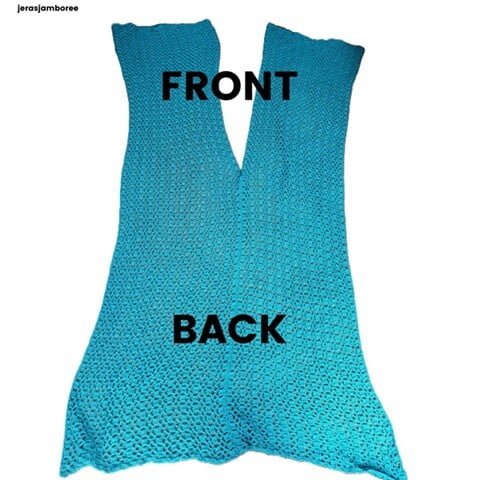 the crochet ruana laid out flat with front and back identified