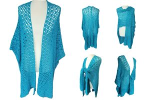 One larger image and four smaller images show a crochet ruana in a turqouise open stitch pattern styled on a mannequin front view open, back view, wrapped over the shoulder, tied at the front, crochet belt threaded through