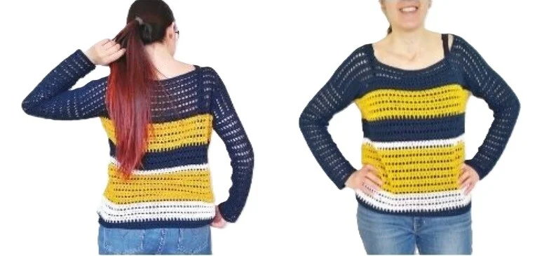 Woman modeling a striped crochet sweater with long sleeves, shown from the back and front. The sweater features alternating navy blue, mustard yellow, and white stripes in an open stitch pattern, paired with blue jeans and worn over a tank top.