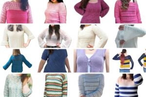 Montage of 16 crochet summer sweaters worn by women made by following patterns in this roundup
