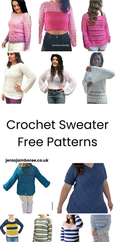 Montage of 16 differently designed crochet sweater patterns suitable for summer
