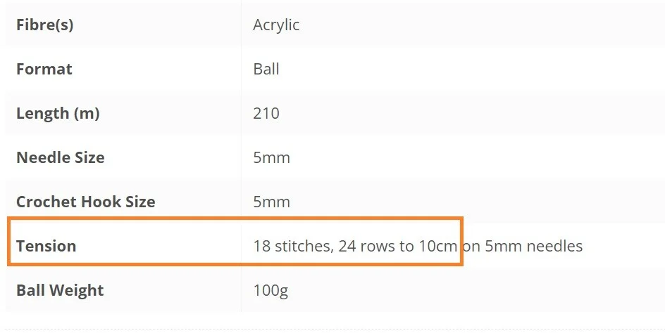 Example showing how many stitches and rows per tension square