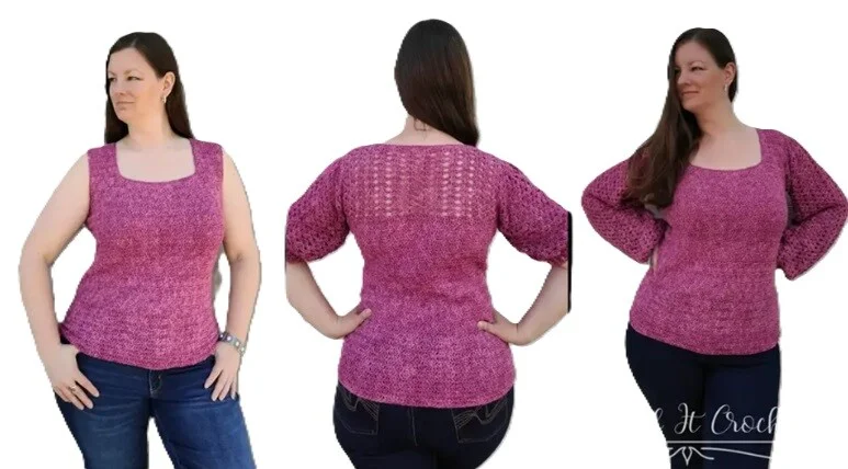 Woman modeling a fitted magenta crochet sweater, shown from the front, back, and side views. The sweater features a square neckline, solid stitched body, and lacy openwork detailing on the upper back and sleeves, styled with dark jeans against a white background.
