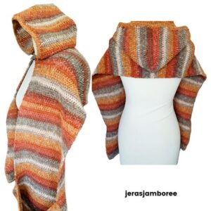 A hooded pocket scarf is styled on a mannequin showing the side view and back view. It is crocheted in self-striping yarn