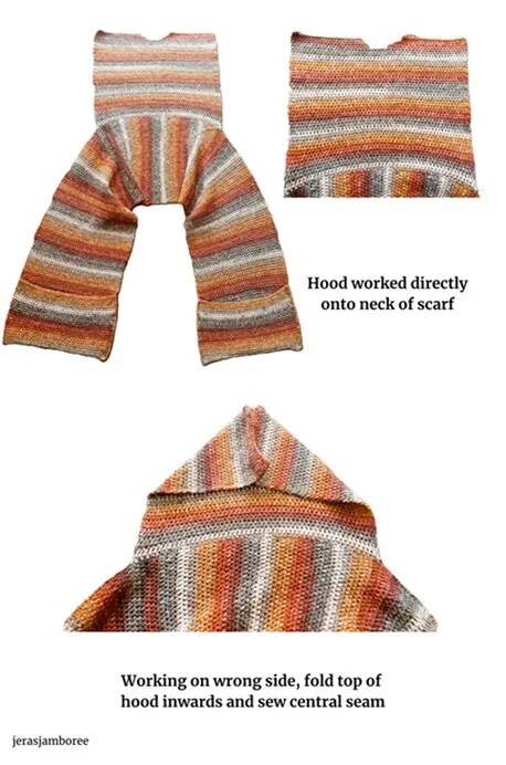 3 images show how the hood is worked for the scarf 1) the scarf laid out flat with the hood worked 2) a close up of the hood so that the decreases and shaping can be seen 3) the hood folded inwards to sew the seam to join both sides of the hood together
