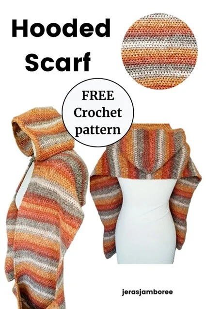 Pinterest Pin showing the side view and back view on the hooded scarf to pin for later