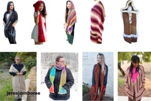 Montage of 9 photos showing women wearing different styles of crochet pocket shawls and pocket scarves