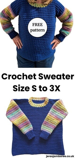 Pinterest pin showing two images 1) a woman standing with her hands on her hips to show the design of a sweater and 2) the same sweater laid flat