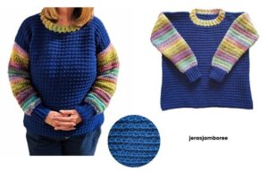 A crocheted sweater is worn by a woman and laid flat. There is also a close up of the crunch crochet stitch