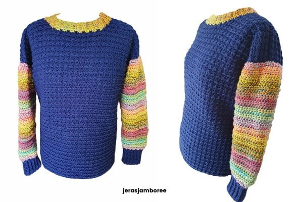 A sweater is styled on a mannequin showing the front and side views