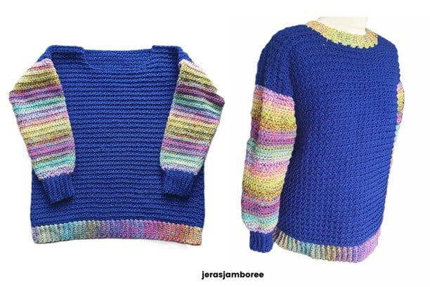 A pullover is laid flat and the same garment is styled on a mannequin