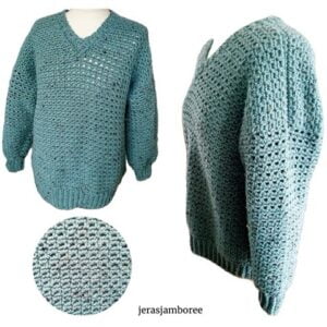 3 images showing 1) a crochet sweater front view and 2) side view - both are styled on a mannequin. The third image shows a close up of the sieve stitch