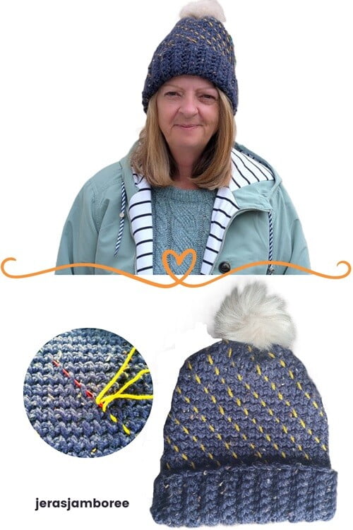 3 images showing 1) a woman wearing a hat 2) a close up of weaving yarn through the vertical bars of the Tunisian Simple Stitch and 3) the same hat laid flat