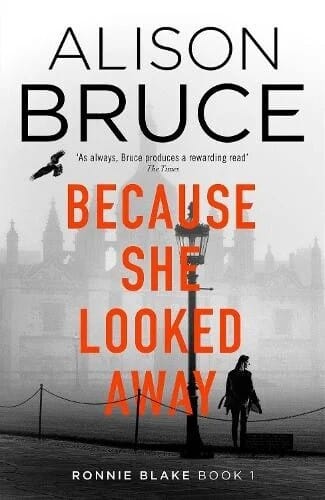 Book cover for Because She Looked Away by Alison Bruce. Buildings in the background are hidden by river mist. A woman is standing facing the river with her back towards the reader. A bird is flying in the sky