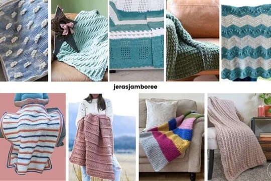 Montage of 9 photos showing different styles of chunky blankets