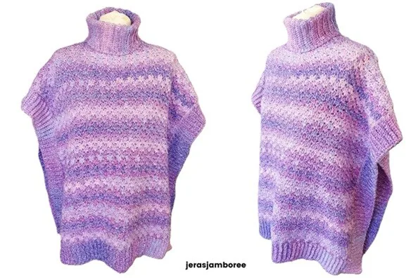 A roll neck crochet poncho is styled on a mannequin showing the front and side aspect