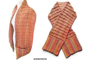 A pocket scarf is styled on a mannequin and the same scarf is laid flat