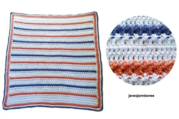 A blanket is laid flat on the floor and there is also a close up of the floret stitch