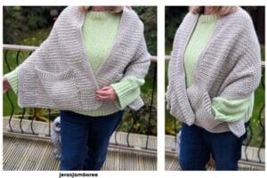 Two photos showing a woman wearing a shawl 1) her arm is out to the side to show the pockets 2) side aspect with hands in pockets