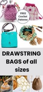7 different sizes and crochet designs of drawstring bags